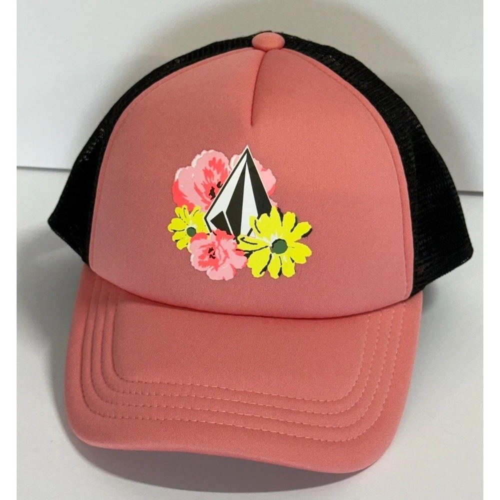 Volcom Hey Slims Trucker Cap Girls One Size Pink Black Curved Brim Snapback Hat